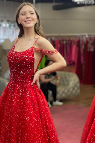 Red A-line Off-the-Shoulder Tulle Beaded Long Prom Gown