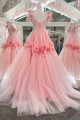 Pink A-line Sweetheart Tulle Feather 3D Applique Long Prom Dress