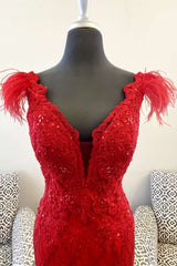 Red Lace Feather V-Neck Mermaid Long Prom Dress