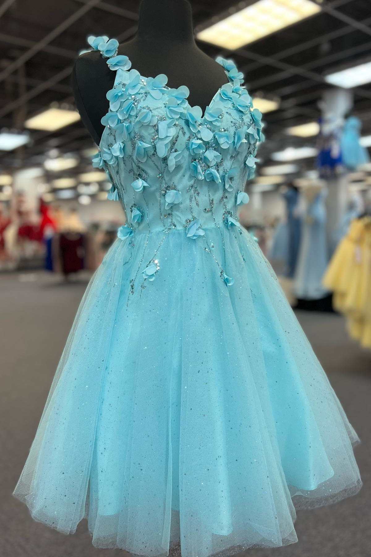 Blue 3D Floral Lace Sweetheart Backless A-Line Short Party Dress
