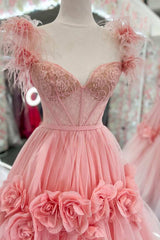 Pink A-line Sweetheart Tulle Feather 3D Applique Long Prom Dress