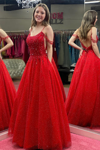 Red A-line Off-the-Shoulder Tulle Beaded Long Prom Gown