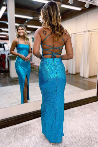 Blue Sequin Lace-Up Back Sheath Long Formal Dress with Slit