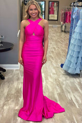 Neon Pink Cross-Front Mermaid Long Prom Dress