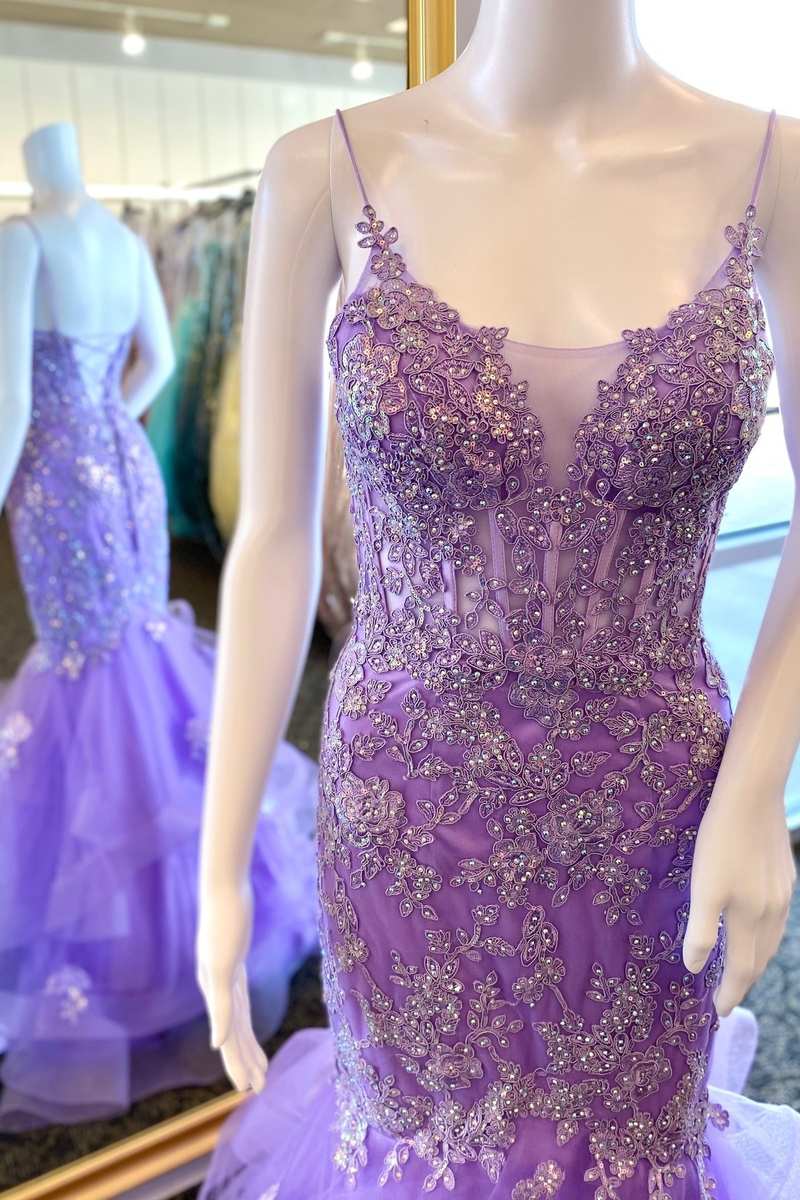 Lavender Floral Applique Lace-Up Back Trumpet Long Prom Dress
