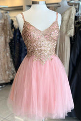 Pink Tulle V-Neck A-Line Short Homecoming Dress