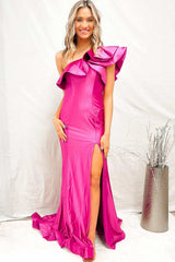 One-Shoulder Fuchsia Ruffles Mermaid Long Prom Dress with Slit