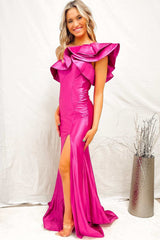 One-Shoulder Fuchsia Ruffles Mermaid Long Prom Dress with Slit