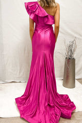 One-Shoulder Fuchsia Ruffles Mermaid Long Prom Dress with Slit