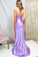 Lilac Beaded Sweetheart Ruched Mermaid Long Formal Dress with Slit