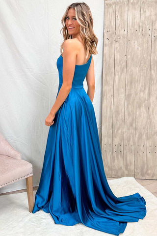 Blue One-Shoulder A-Line Long Prom Dress with Slit