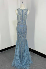 Glamorous Beaded Feather V-Neck Mermaid Long Prom Dress