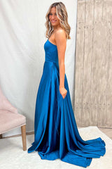 Blue One-Shoulder A-Line Long Prom Dress with Slit