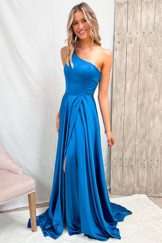 Blue One-Shoulder A-Line Long Prom Dress with Slit