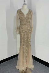 Champagne Beaded Split Neck Mermaid Long Formal Dress with Cape