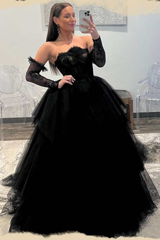 Black Tulle Lace Strapless Tiered Long Prom Gown