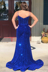 Blue Sequin Split Neck Mermaid Long Formal Dress