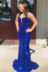 Blue Sequin Split Neck Mermaid Long Formal Dress