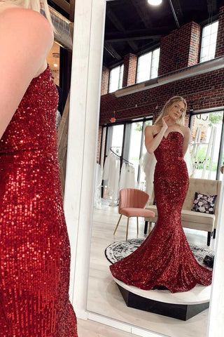 Red Sequin Strapless Trumpet Long Prom Gown
