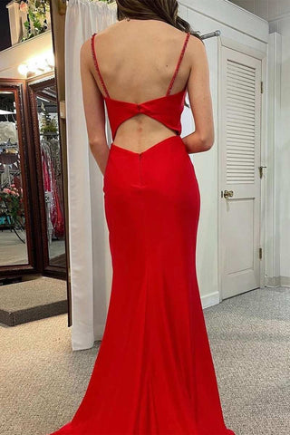 Red Cowl Neck Cutout Back Ruching Long Prom Dress with Slit