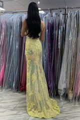 Light Yellow Mermaid Sequins Applique Long Prom Dress with Slit