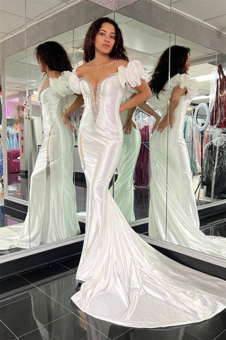 White Mermaid V Neck Ruffle Off-the-Shoulder Long Prom Dress with Beaded