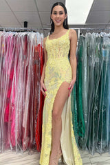 Light Yellow Mermaid Sequins Applique Long Prom Dress with Slit