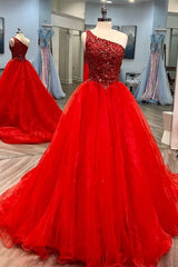 Princess Red Tulle Beaded One-Shoulder Ball Gown