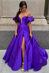 Purple Strapless Puff Sleeve A-Line Prom Dress with Slit