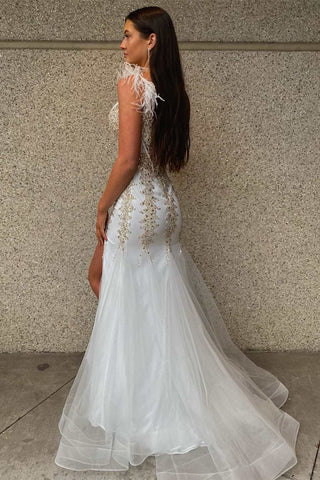 White Beaded Feathers V-Neck Trumpet Long Prom Dress with Slit