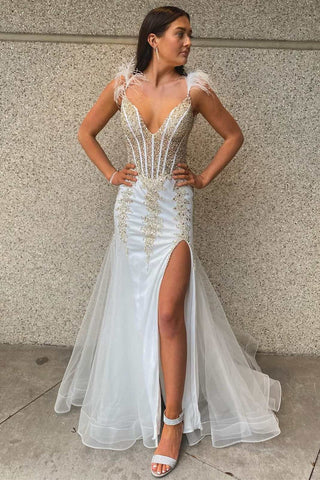 White Beaded Feathers V-Neck Trumpet Long Prom Dress with Slit