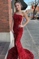 One-Shoulder Red Sequins Mermaid Long Prom Dress with Slit