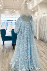 Light Blue Floral Lace Sweetheart A-Line Prom Dress with Sleeves