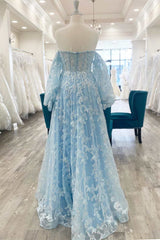 Light Blue Floral Lace Sweetheart A-Line Prom Dress with Sleeves