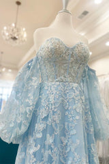 Light Blue Floral Lace Sweetheart A-Line Prom Dress with Sleeves