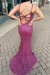 Purple Sequin Plunge V Backless Mermaid Long Formal Dress