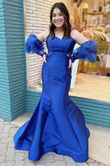 Blue Strapless Trumpet Long Prom Dress with Detachable Sleeves