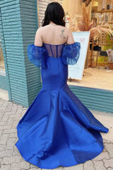 Blue Strapless Trumpet Long Prom Dress with Detachable Sleeves