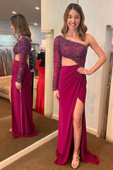 Fuchsia Mermiad One Shoulder Sleeve Beaded Cut-Out Long Prom Gown