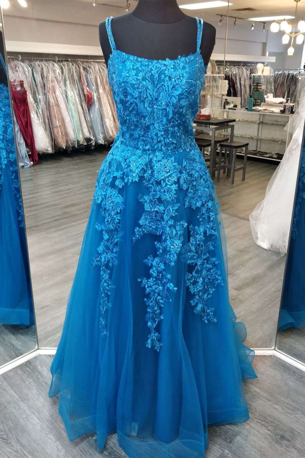 Blue Floral Lace Straps A-Line Prom Dress