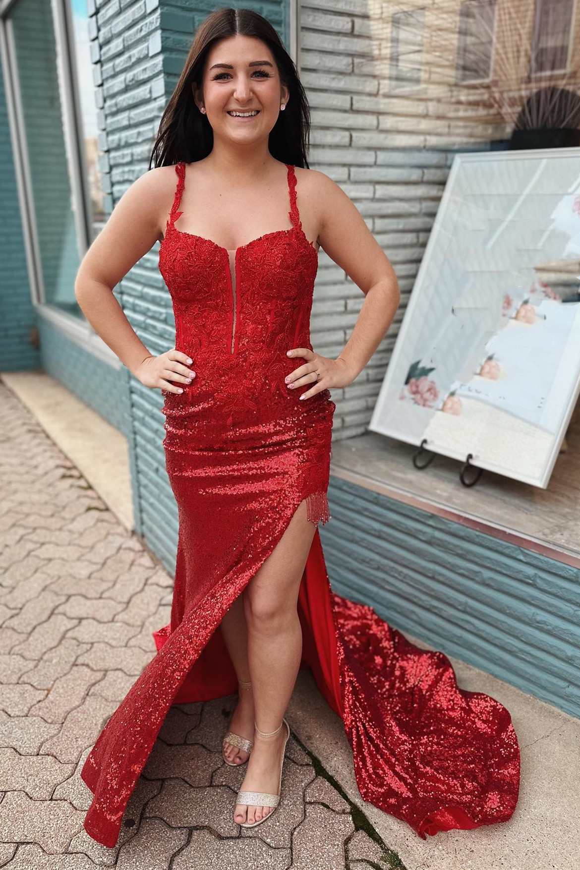 Red Sequin Appliques Lace-Up Back Mermaid Long Prom Dress with Slit