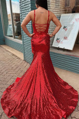 Red Sequin Appliques Lace-Up Back Mermaid Long Prom Dress with Slit