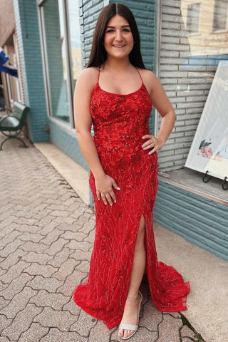 Red Floral Lace Scoop Neck Mermaid Long Prom Gown with Slit