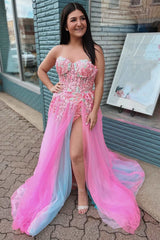 Multi-Color Floral Lace Sweetheart A-Line Prom Dress with Slit