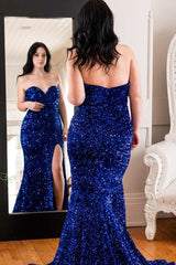 Sweetheart Blue Sequin Mermaid Long Prom Gown with Slit