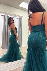 Peacock Mermaid V Neck Spaghetti Straps Beaded Appliques Long Prom Dress 