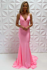 Pink Empire Waist Cross-Back Mermaid Long Prom Dress