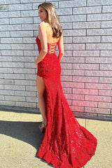 Red One Shoudler Beaded Appliques Long Prom Dress with Slit