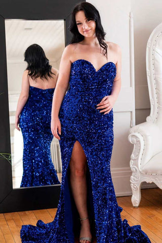 Sweetheart Blue Sequin Mermaid Long Prom Gown with Slit