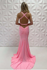 Pink Empire Waist Cross-Back Mermaid Long Prom Dress